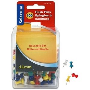 Épingles à babillard, tête en plastique, couleurs variées 100 / bte